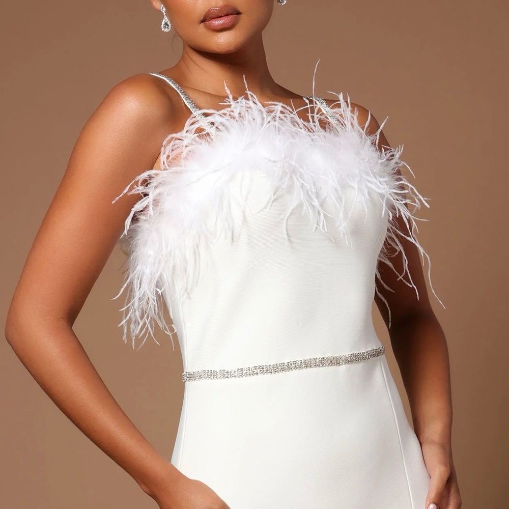 FASHION NOVA EMBELLISHED FEATHER BANDAGE DRESS